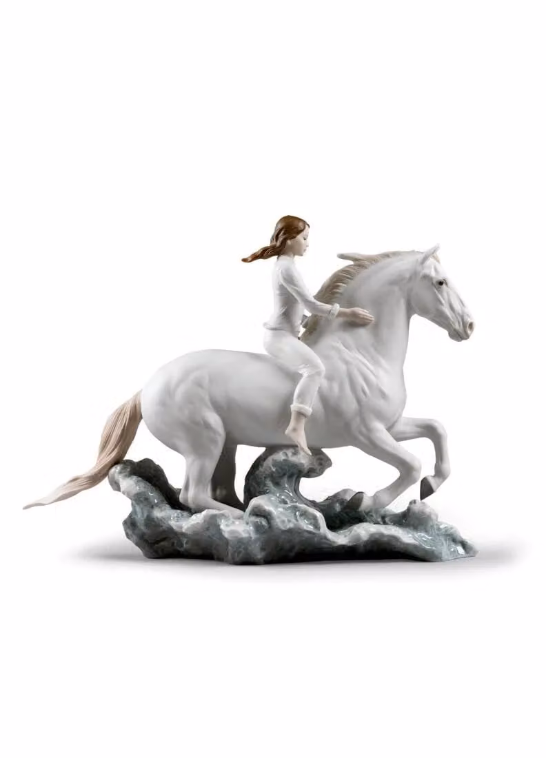 Lladró Riding Her Horse on the Seashore Porcelain Figurine in White and Blue