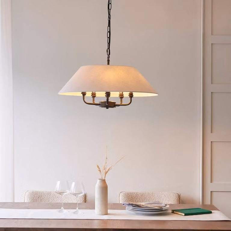 Netlighting Lille Multi Arm Pendant Light in Matt Black and Beige Faux Linen with 5x B22 Sockets