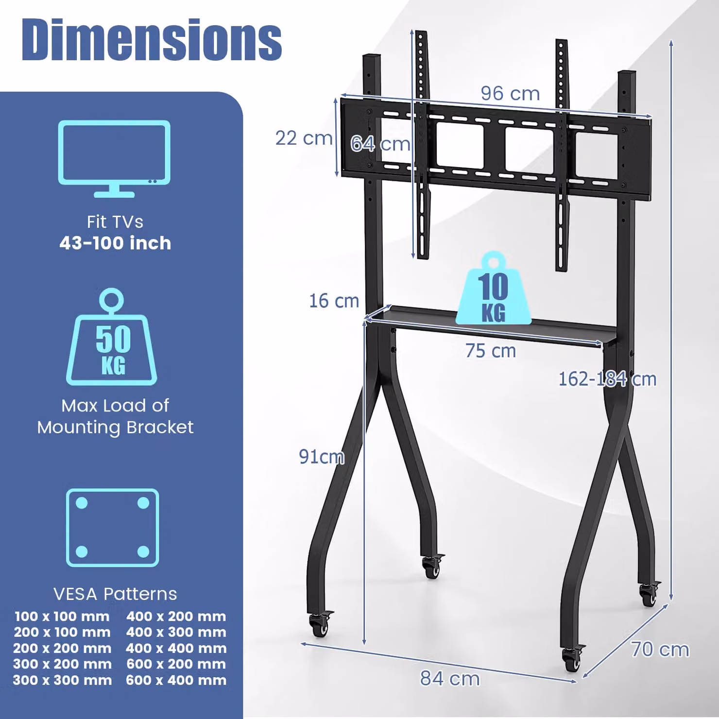 Costway Mobile Rolling TV Cart for 43-100 inch Flat or Curved Screens, Black – 2