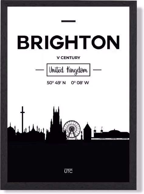 ARTZE Brighton Black and White City Skyline Framed Print in Black Frame – 1