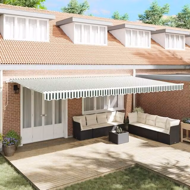 Berkfield Home Manual Retractable Folding Arm Awning in Green and White Striped Fabric, W/D/H: 600 x 300 cm