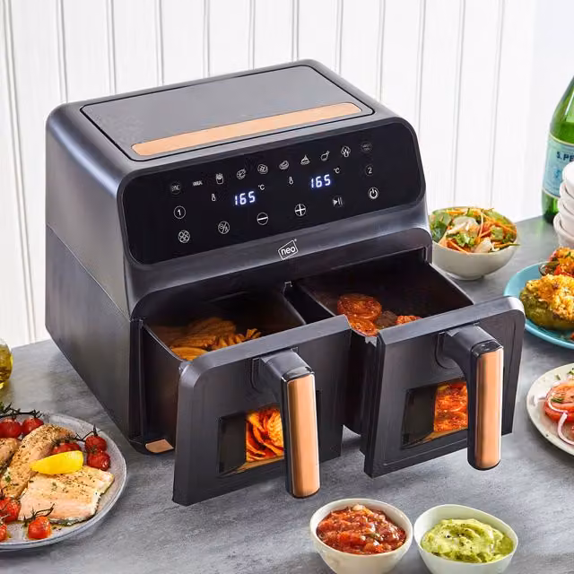 Neo Dual Zone Glass Window Electric Air Fryer in Black Copper with Digital Display and Auto Shut-off