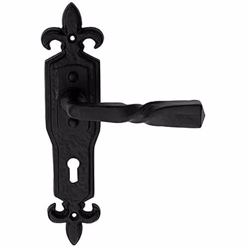 Loops Pair of Forged Twisted Ornate Lever on Lock Backplate Door Handles in Matt Black Antique Wrought Iron, W/D/H: 226 x 50 mm