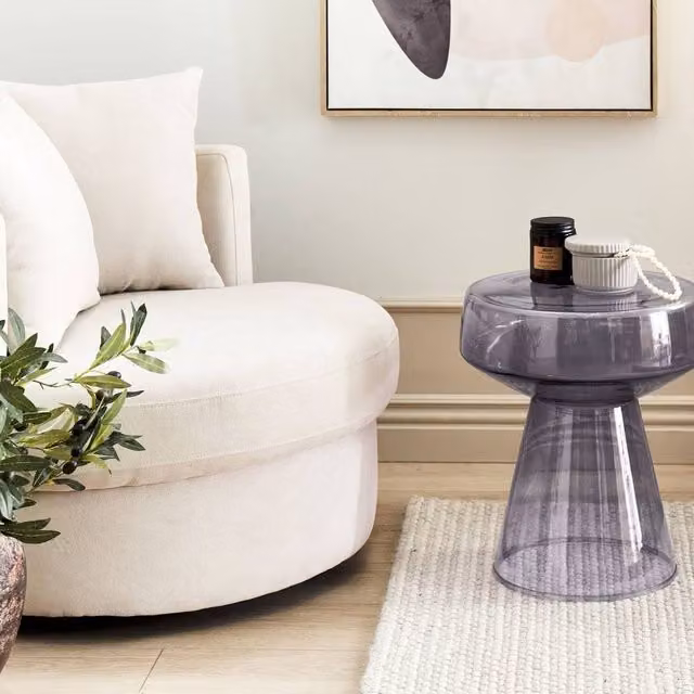 Wyld and Coco Oval Side Table in Transparent Grey Glass, W/D/H: 37 x 37 x 43 cm