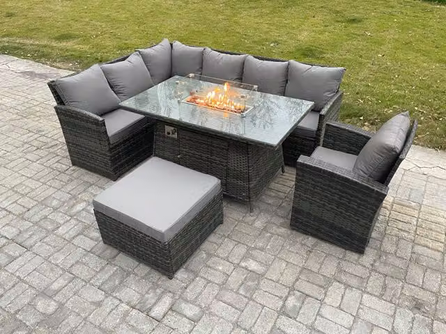 Fimous 8 Seater Rattan Garden Furniture Set with High Back Corner Sofa, Gas Fire Pit Dining Table, Armchair and Large Footstool in Dark Grey