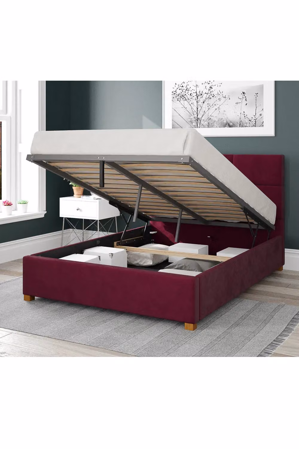 Aspire Caine King Size Upholstered Ottoman Storage Bed in Red Plush Velvet – 2