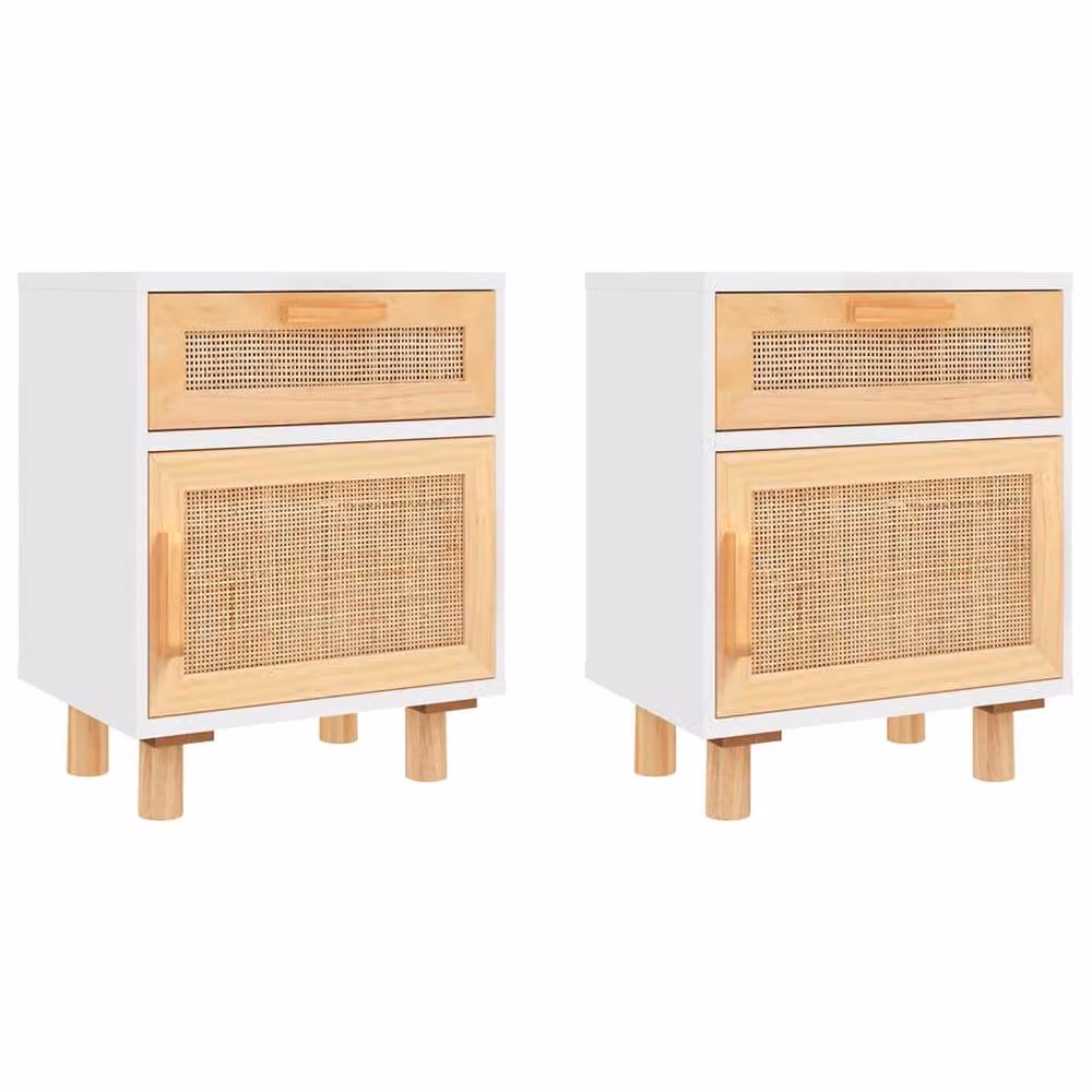 Berkfield Home Set of 2 White Solid Pine and Rattan Decorative Bedside Cabinets – 2