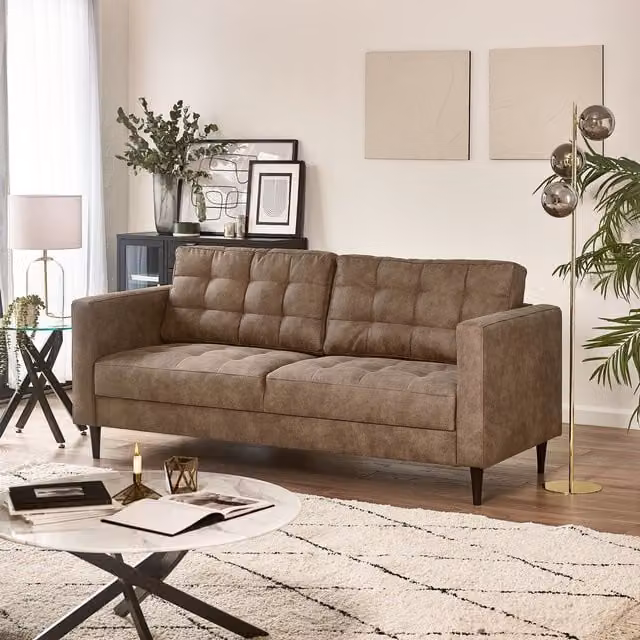 FurnitureboxUK Jade 3 Seater Sofa in Brown Faux Leather with Solid Wood Frame