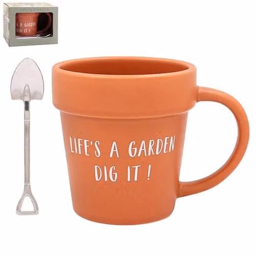 Lesser & Pavey Life's A Garden Plant Pot Mug and Shovel Tea Spoon Gift Set in Terracotta, 250ml – 1