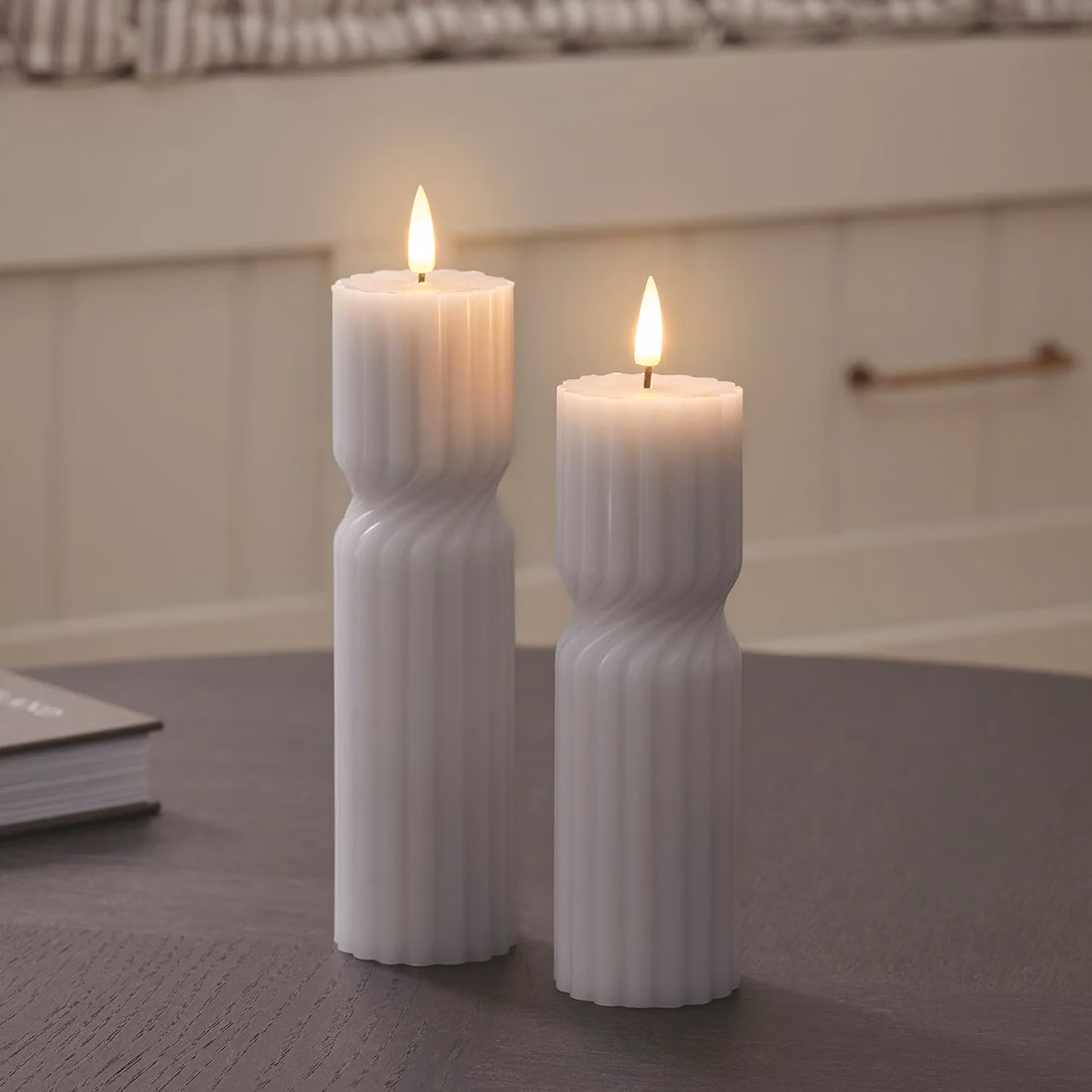TruGlow Grey and White Striped Twist LED Pillar Candle Duo with Remote Control and Flicker Effect