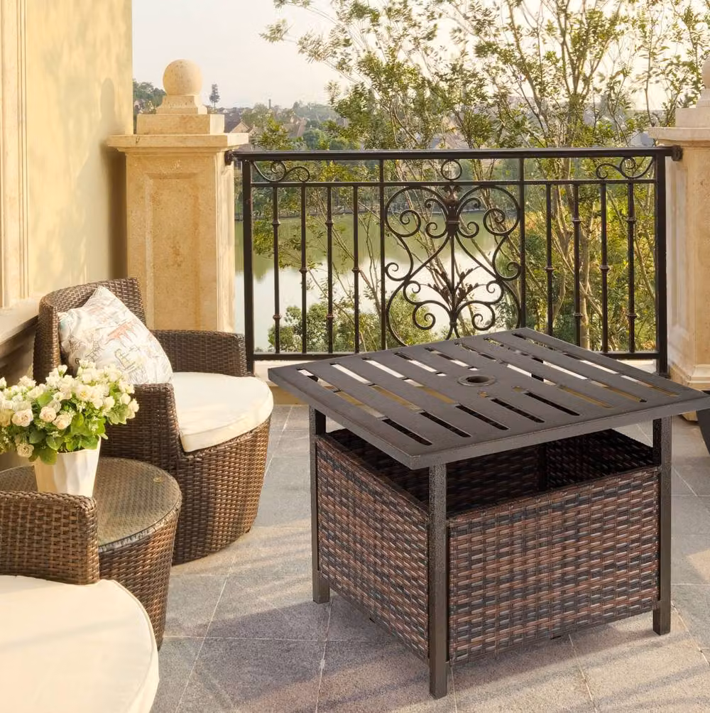 STILVORA Modern Brown Metal Outdoor Table with Storage and Parasol Hole – 3