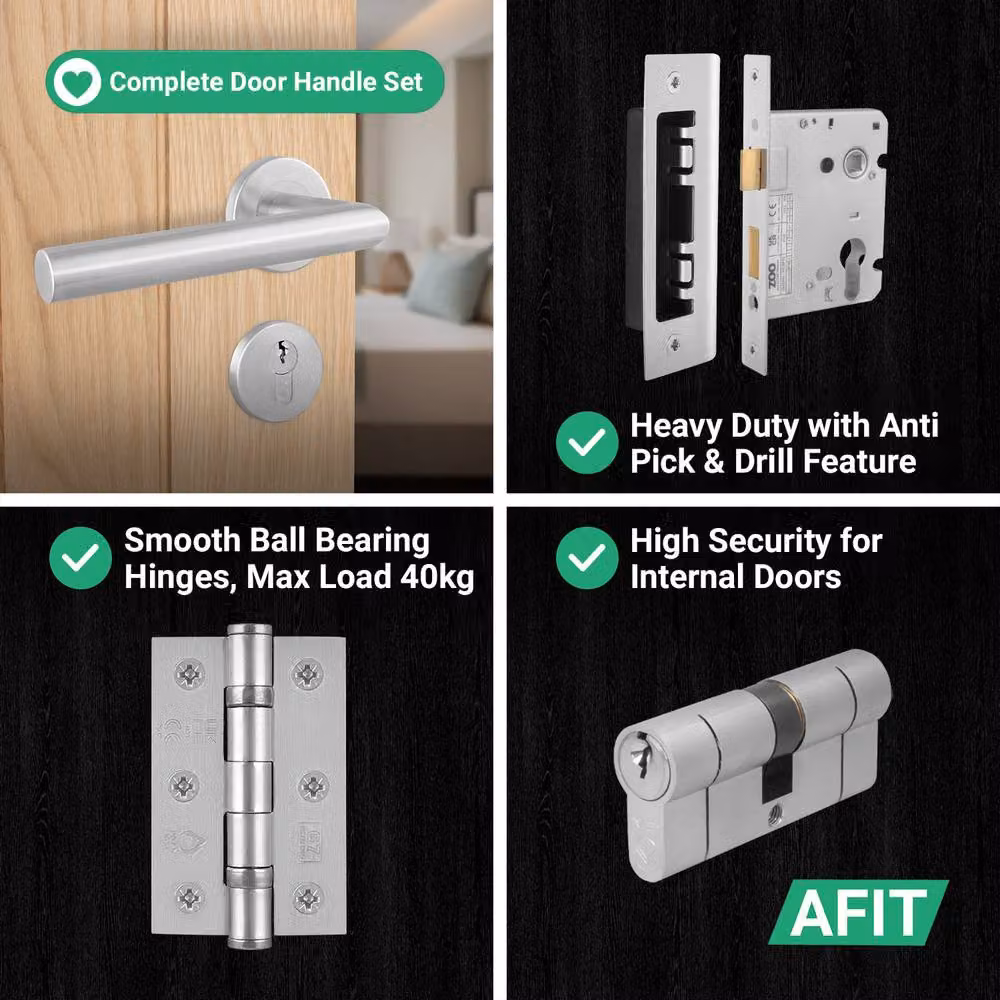 AFIT Satin Lever on Rose Euro Lock and Hinge Kit with Double Cylinder in Silver, 150 x 150 mm – 3