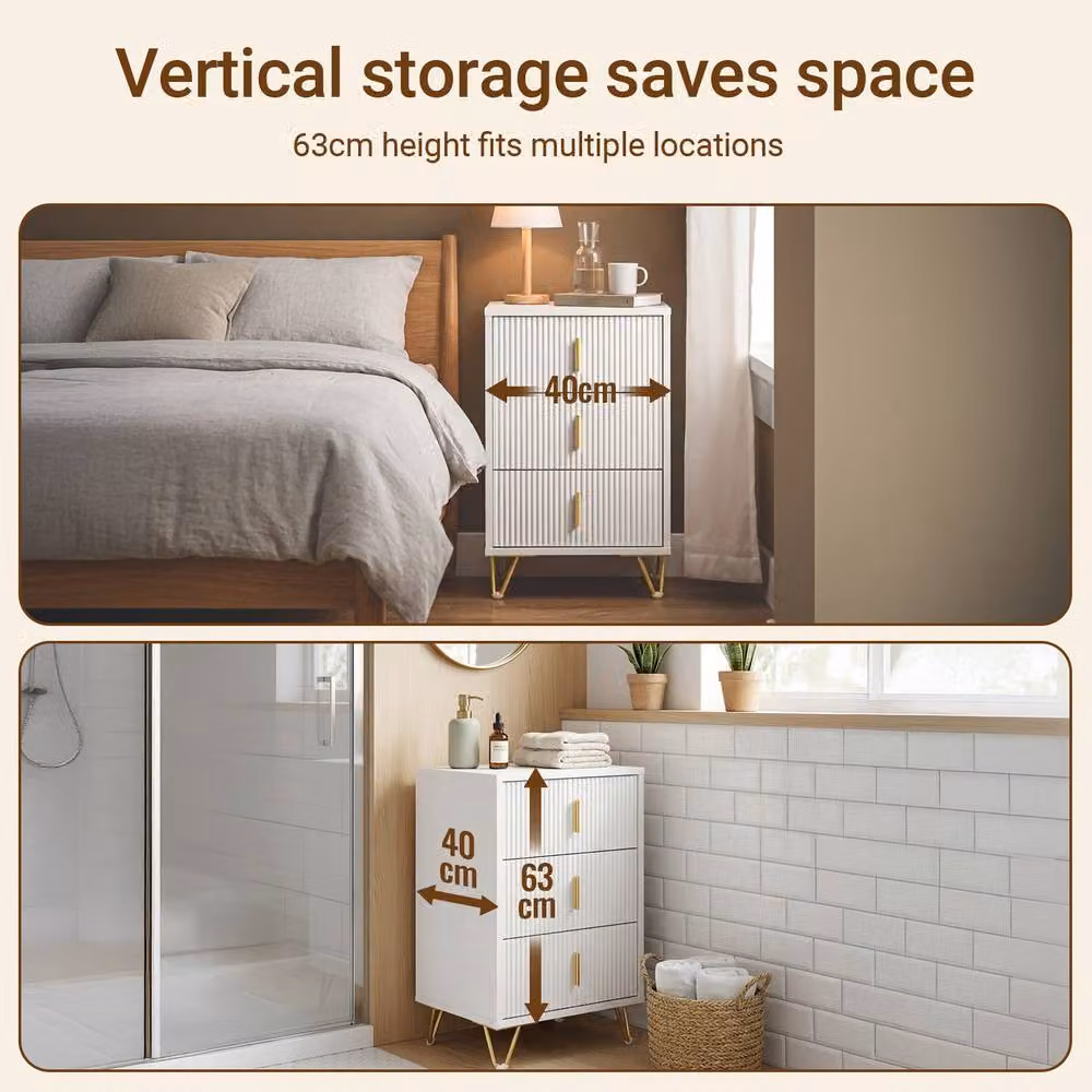 SoBuy Set of 2 White Bedside Tables with 3 Drawers, Ribbed Front and Gold Legs, Height: 63 cm – 7