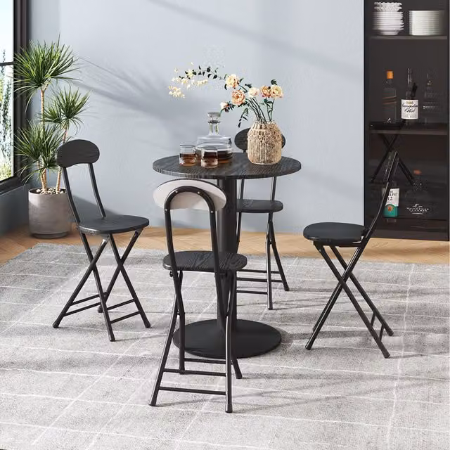 Komore Round MDF Coffee Table and 4 Folding Chairs Set in Matt Black