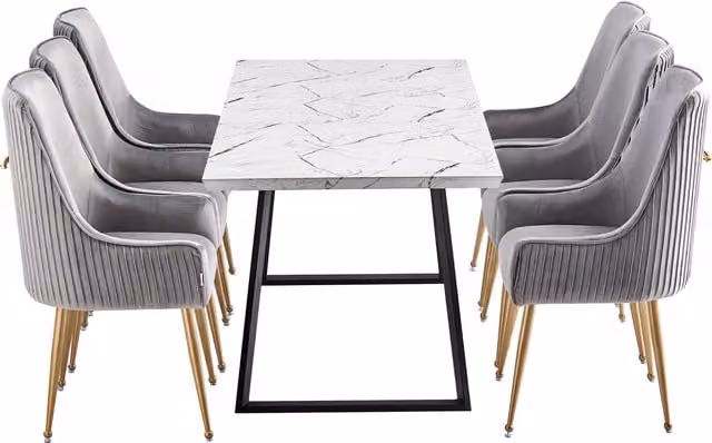 Life Interiors Soho Toga LUX Dining Set with Square Marble Table and 6 Grey Velvet Upholstered Chairs with Gold Metal Legs