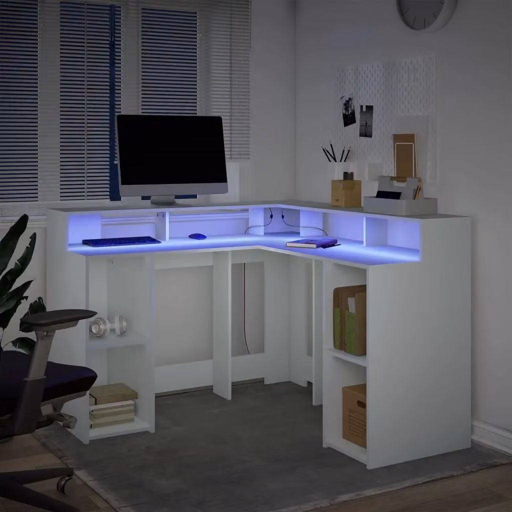 Berkfield Home White Corner Desk with LED Lights, W/D/H: 130 x 130 x 91 cm – 3