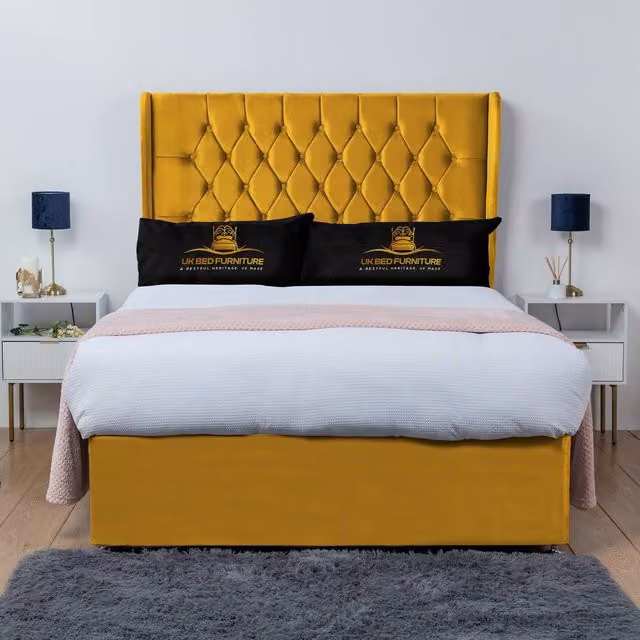 UK Bed Furniture Mary Winged Divan Bed Base with 54 Inch Buttoned Headboard in Yellow Velvet, Size: King (W/D/H: 180 x 200 cm)