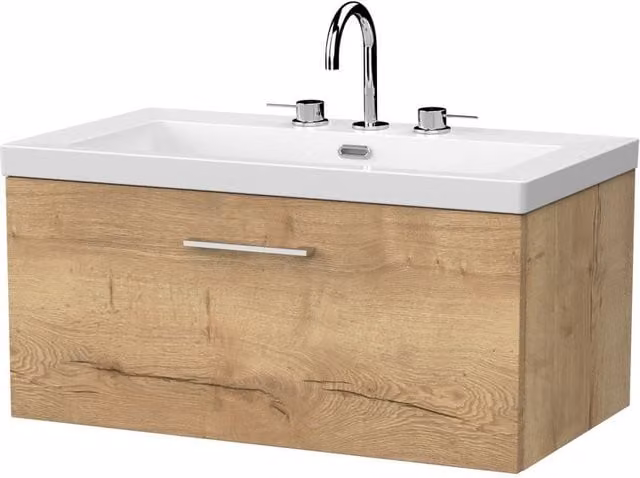 Balterley Pershall 1 Drawer Vanity Unit and 3TH Fireclay Basin in Autumn Oak Brown, Width: 80 cm
