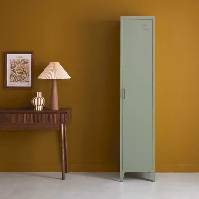 sweeek Industrial Metal Storage Cabinet with 4 Compartments and Hinged Doors, Light Green, H 180 x W 38 x D 38 cm – 1