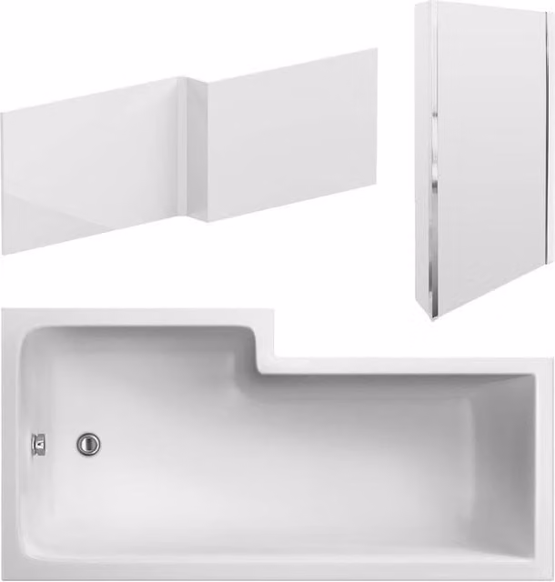 Balterley Right-Hand Square Acrylic Shower Bath and Panel Set with Screen, White, W/D/H: 159.5 x 70.5 x 54 cm