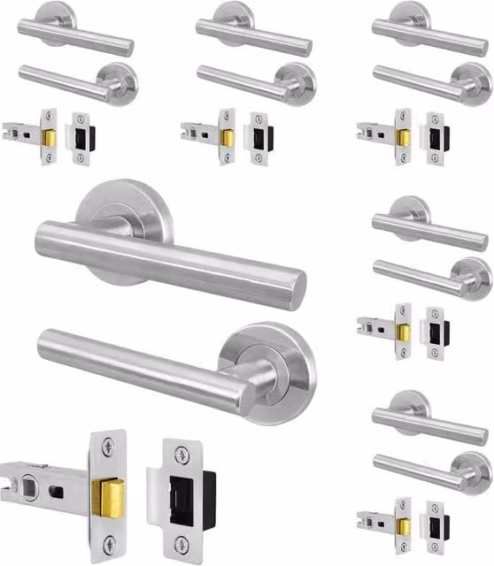 AFIT Olvera Range Satin Silver Round Rose Door Handles with Latch T-Bar, 6 Pair, W: 15.0 cm, D: 15.0 cm – 1