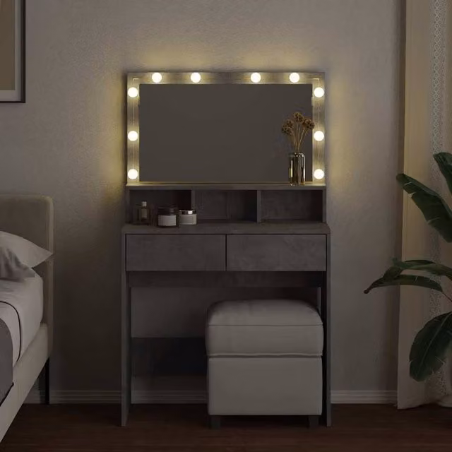 Berkfield Home Beautiful Modern Dressing Table with Hollywood LED Mirror in Concrete Grey, W: 80 cm, D: 41 cm, H: 134.5 cm