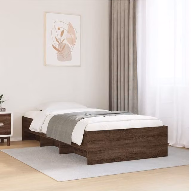 Berkfield Home Single Bed Frame in Brown Oak, W/D/H: 90 x 190 cm, Engineered Wood with Side Compartments – 1