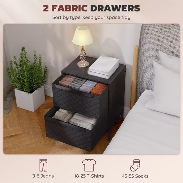 STILVORA Modern Black Chest of Drawers with 2 Fabric Drawers