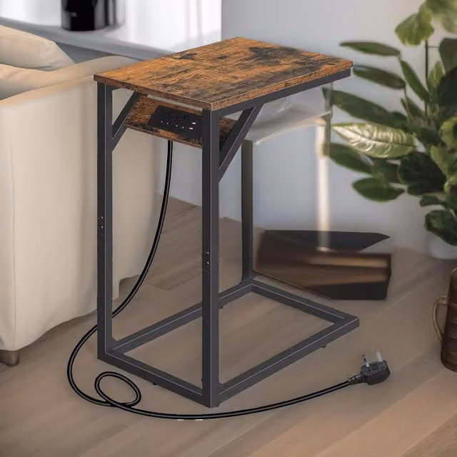 Rafaelo Mobilia C Shaped Side Table with USB Ports and Power Outlets in Brown and Black – 1