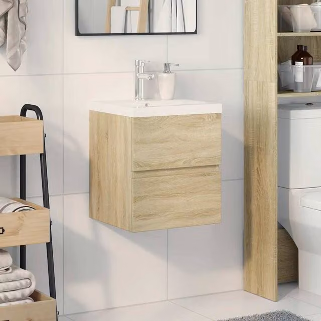 Berkfield Home 2 Piece Modern Wall Mounted Bathroom Vanity Unit Set in Sonoma Oak and Beige