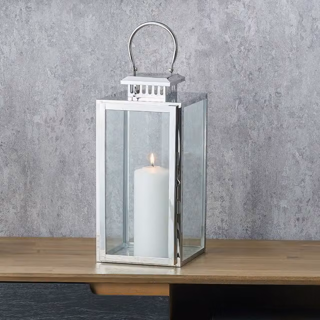 Pacific Lifestyle Silver Stainless Steel and Glass Tabletop Lantern