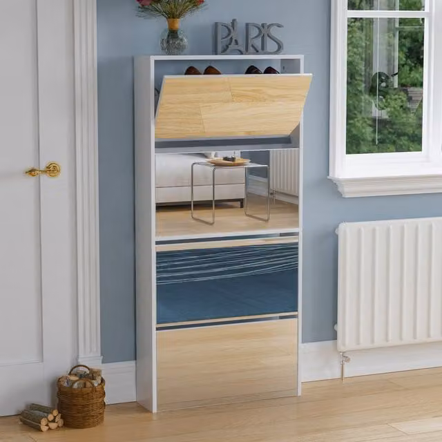 Vida Designs Modern White Mirrored Shoe Cabinet with Tilting Compartments