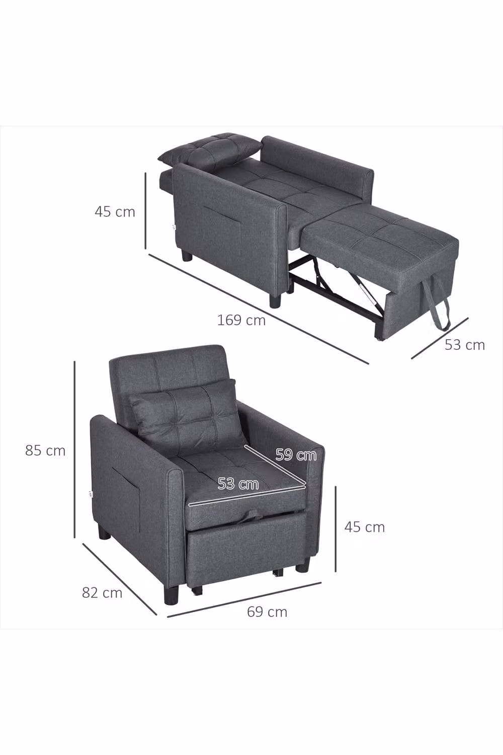 ERGOVEXA Grey Linen-Look Single Chair Bed with Armrests and Spring Core – 2