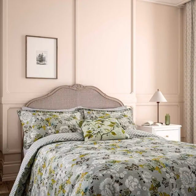 English Heritage Eagle House Damask Double Duvet Cover and Pillowcase Set, Seagrass Green Cotton, W: 140 cm, L: 200 cm