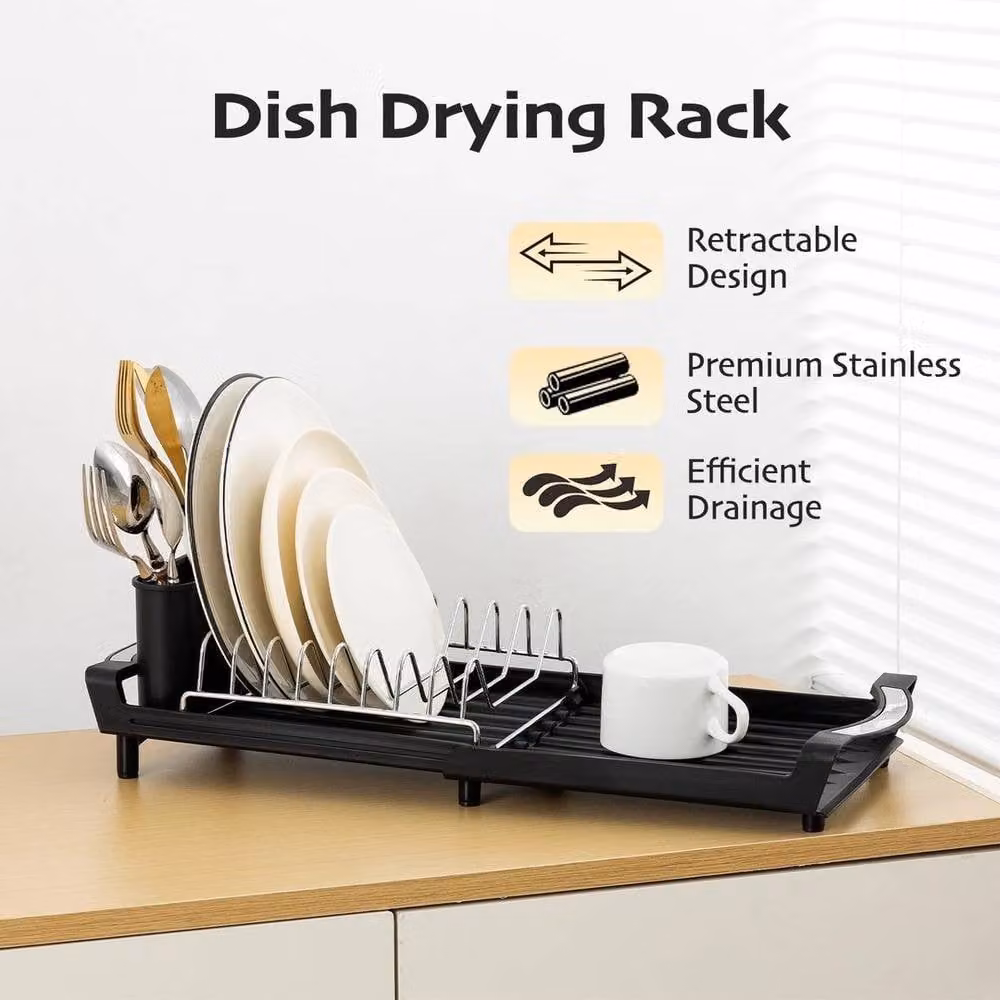 NESTLUNE Black Expandable and Foldable Metal Compact Dish Drying Rack, W: 100 cm, D: 15 cm – 3