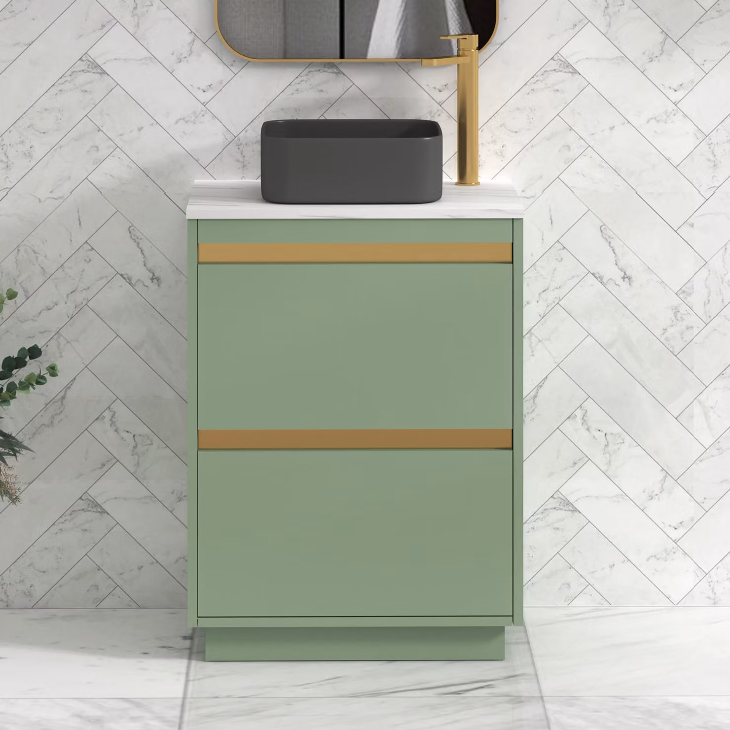Royal Bathrooms Orion 600mm Mint Sage Floor Standing Countertop Vanity Unit with 2 Drawers, Art Square Basin and Brushed Brass Accent Trim