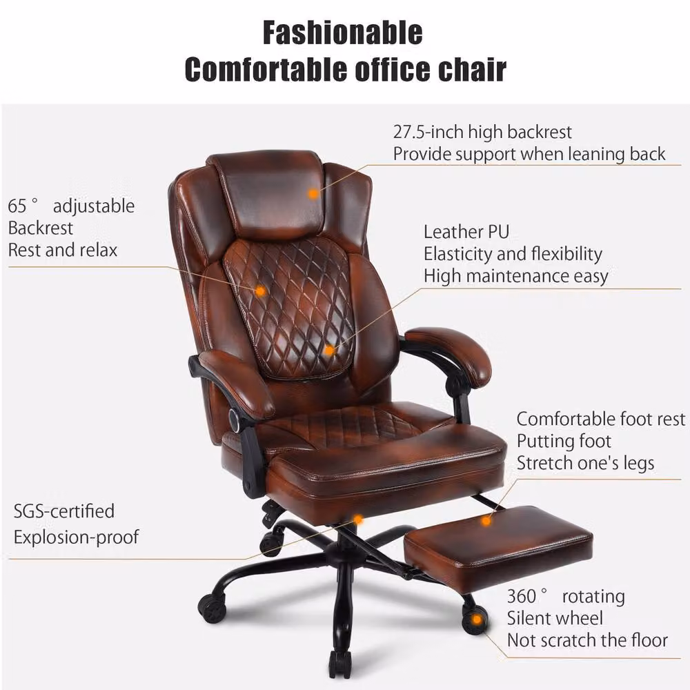 FURNITURE ONE Brown PVC Leather Effect Ergonomic Gaming Chair with Footrest, Headrest and Lumbar Support – 6