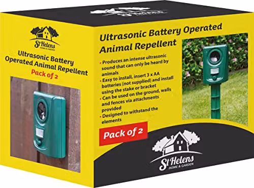 St Helens Home and Garden Battery Powered Ultrasonic Waterproof Humane Animal Repeller in Green, Pack of 2 – 7