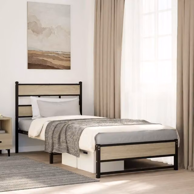 Berkfield Home Metal Bed Frame in Sonoma Oak Brown, W/D/H: 90 x 190 cm Single – 1