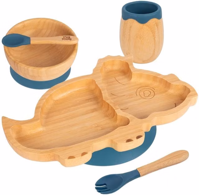 Tiny Dining 5pc Bamboo and Silicone Dinosaur Baby Weaning Set in Blue