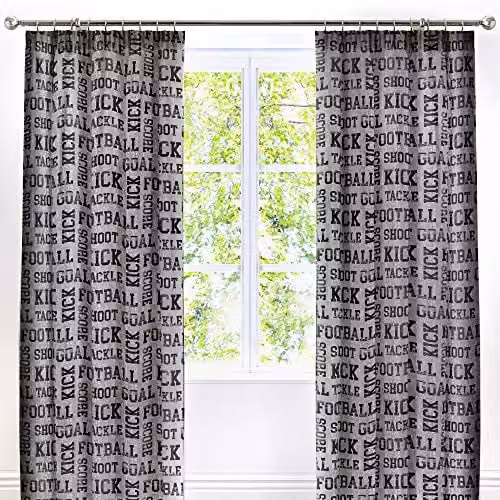 Bedlam Football Childrens Lined Pencil Pleat Curtains in Grey and Yellow, W: 168 cm, H: 183 cm – 1