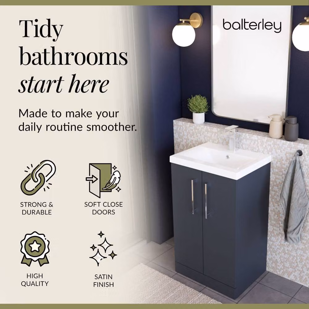 Balterley Modern Bathroom Floor Standing Vanity Unit with 2 Soft Close Doors and Rectangular Mid-Edge Basin, Dark Grey Matt – 5
