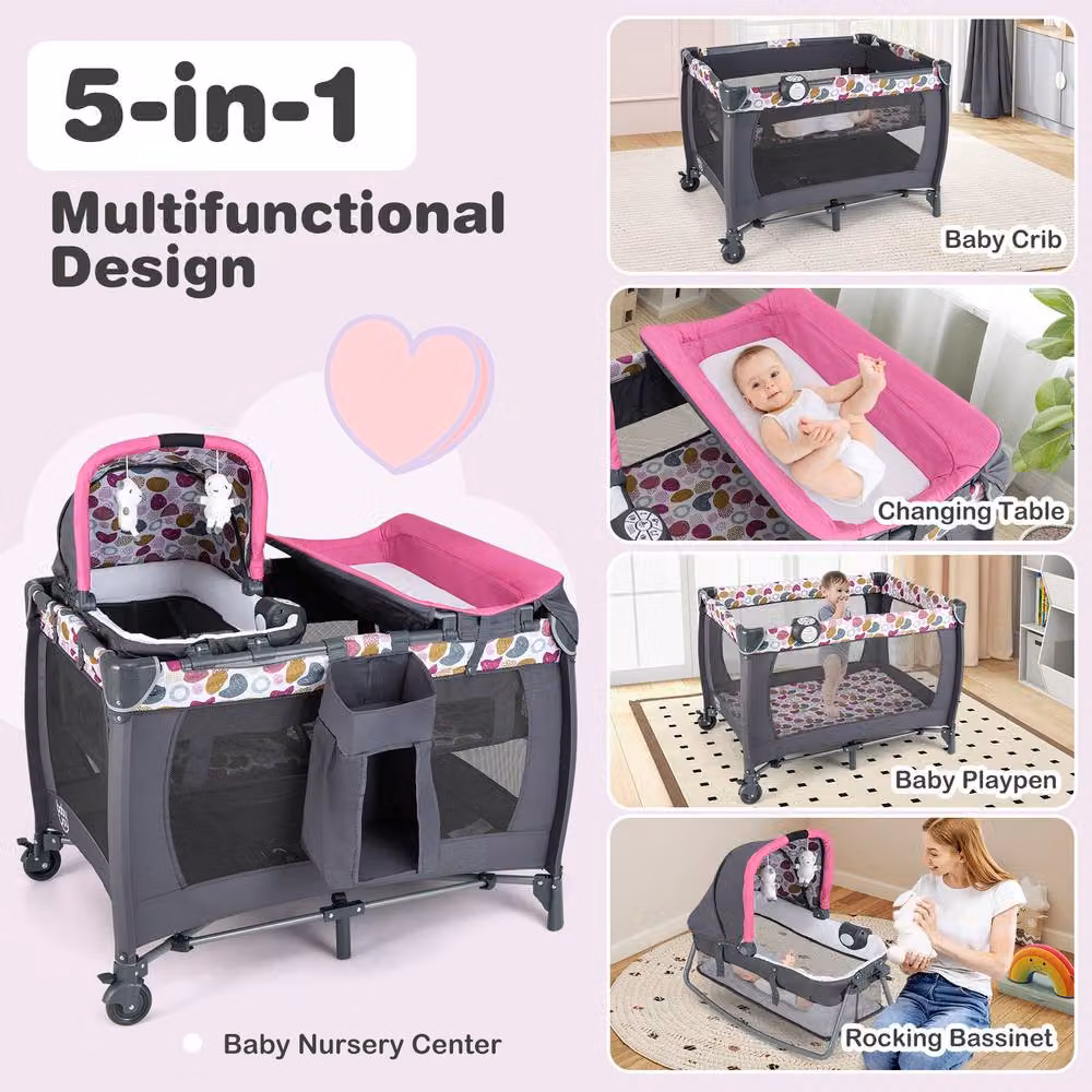 Costway Foldable Pack and Play Portable Baby Playard with Rocking Bassinet and Music Box in Pink – 3