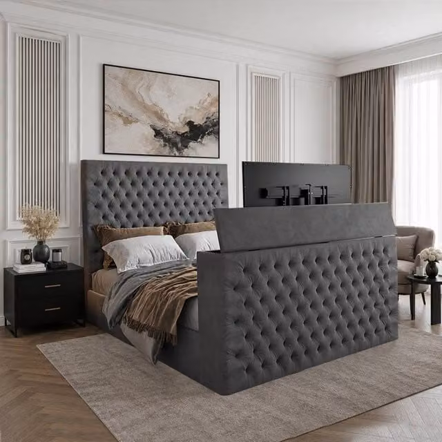 KDMD Angram Single Upholstered Soft Velvet TV Bed Frame in Grey – 1