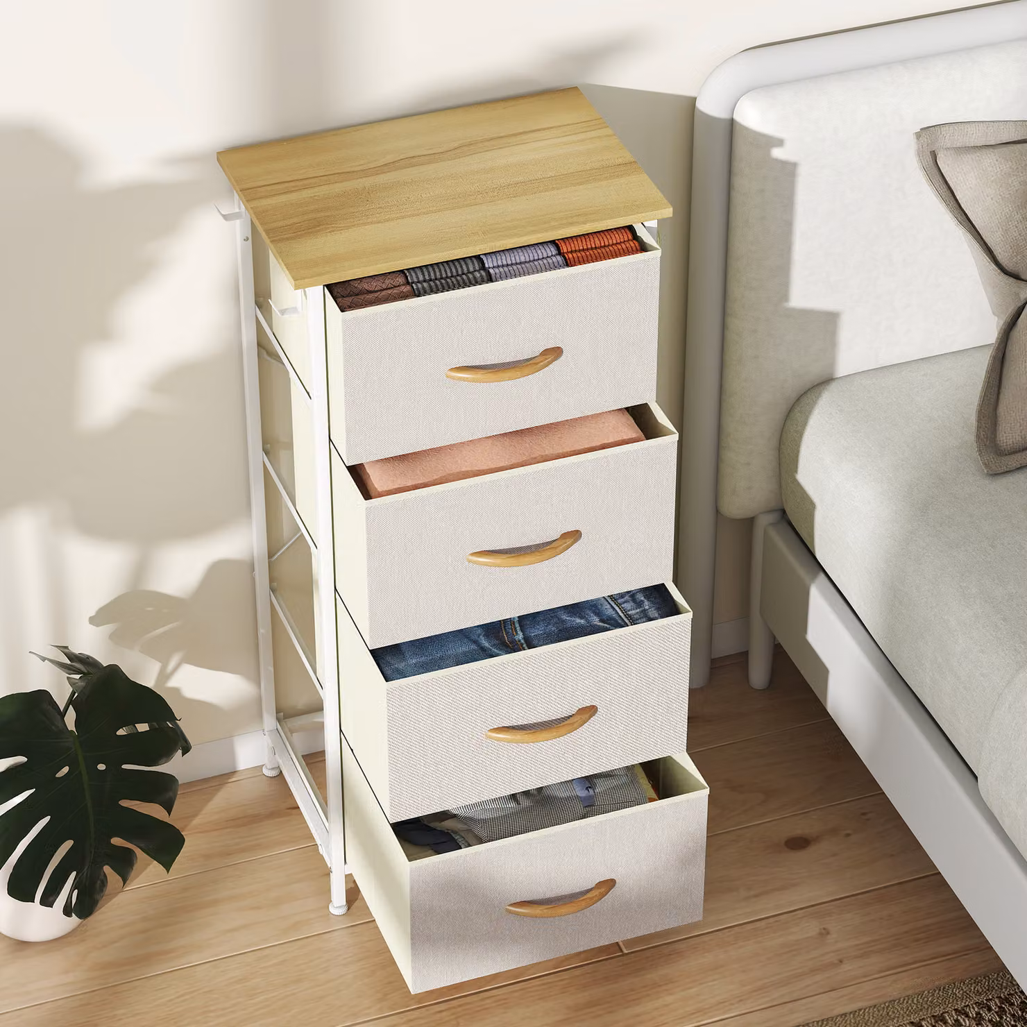 HOMCOM Chest of Four Fabric Drawers in Beige – 3