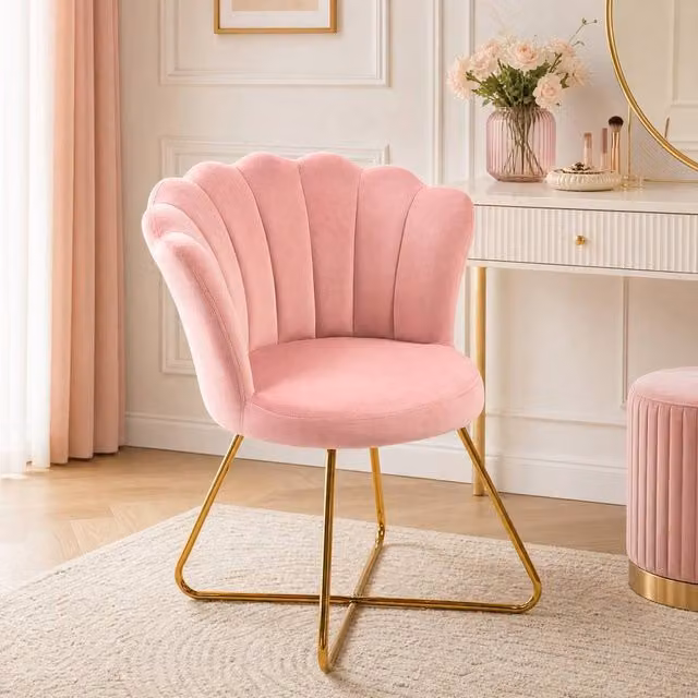 STILVORA Pink Velvet Accent Chair with Scalloped Shell Back and Metal Frame – 1