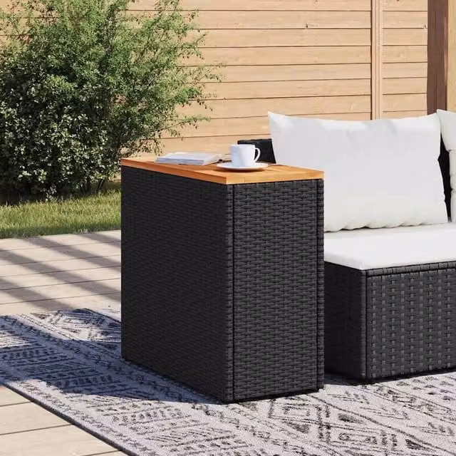 Berkfield Home Garden Side Table with Black Poly Rattan and Oiled Acacia Wood Top, W/D/H: 58 x 27.5 x 55 cm – 1