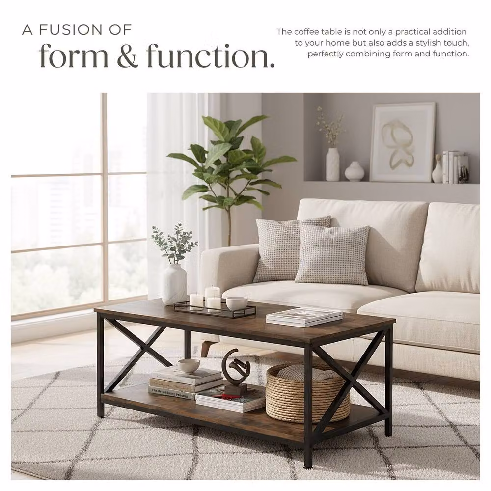 tectake Pittsburgh Rectangular Coffee Table with Storage Shelf in Brown and Grey – 5