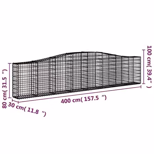 vidaXL Set of 9 Arched Gabion Baskets in Silver Galvanised Steel, W/D/H: 400 x 30 x 80/100 cm – 2