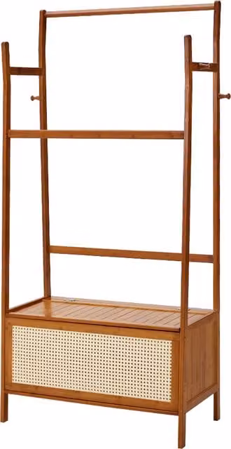 Livingandhome Brown Wooden Double Tier Clothes Rail with Dual Hook and Rail Matrix